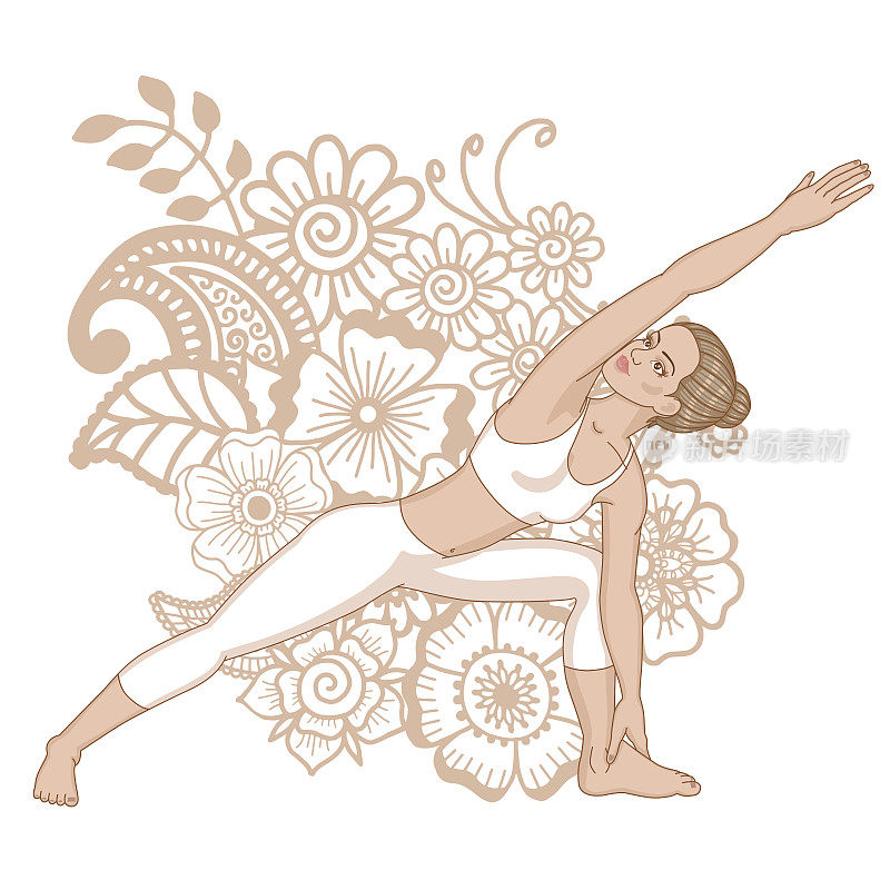 女性的剪影。伸展侧角瑜伽姿势。Utthita Parsvakonasana
